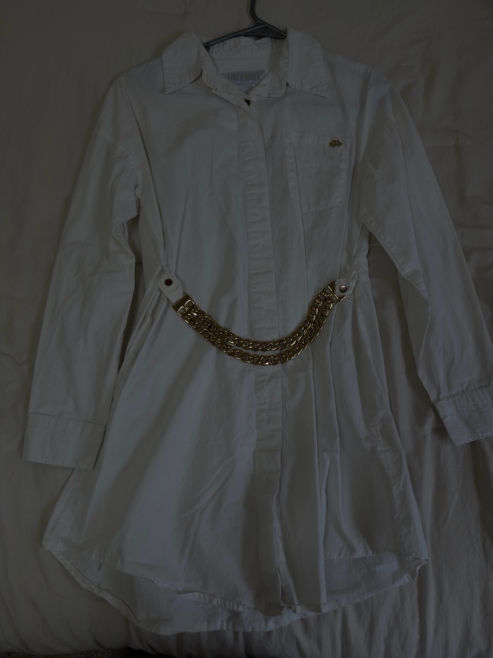 White Long-Sleeve Shirt Dress with Gold Chain Detail